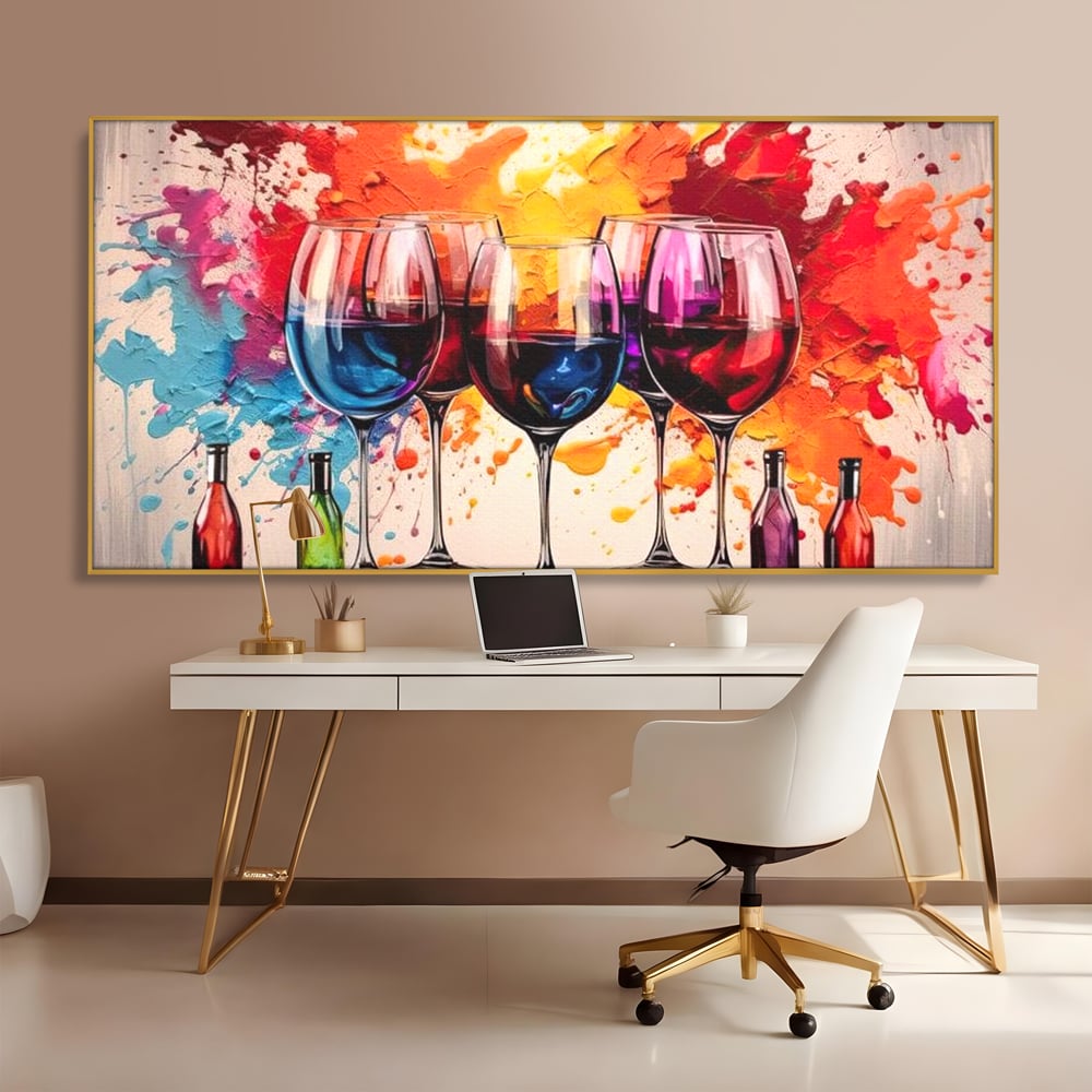 Tablou canvas cu pictura cu pahare de vin si pete, in rama de aluminiu auriu, pe perete intr-un birou